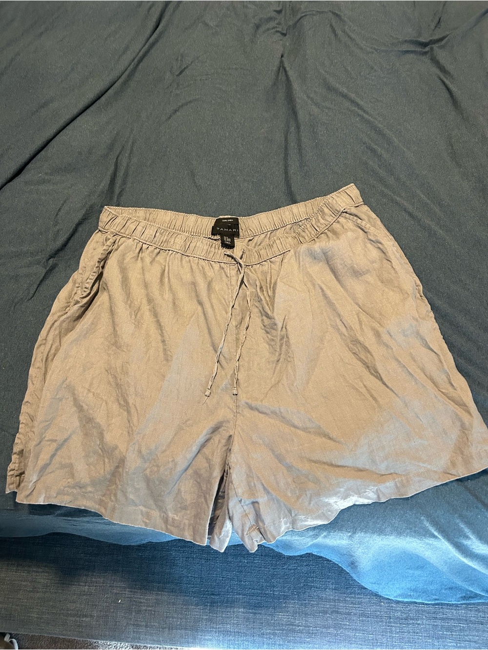 Tahari Grey Linen Elastic-Waist Shorts